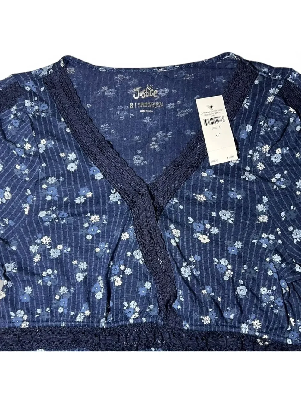 Justice Girl’s Bell Sleeve Crochet Detail Blouse Navy Size 8